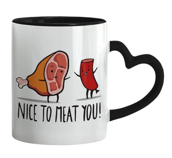 Nice to MEAT you — Mug heart black handle, ceramic, 330ml