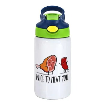 Nice to MEAT you, Παιδικό παγούρι θερμό, ανοξείδωτο, με καλαμάκι ασφαλείας, πράσινο/μπλε (350ml)
