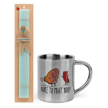 Nice to MEAT you, Easter Set, metallic thermal cup (300ml) & aromatic flat Easter candle (30cm) (TURQUOISE)