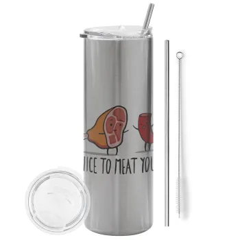 Nice to MEAT you, Tumbler ποτήρι θερμό Ασημένιο από ανοξείδωτο ατσάλι 600ml, με μεταλλικό καλαμάκι & βούρτσα καθαρισμού