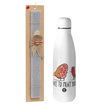 Nice to MEAT you, Easter Set, metallic stainless thermos bottle (500ml) & scented flat Easter candle (30cm) (GRAY)