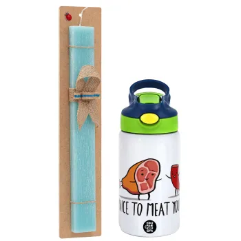 Nice to MEAT you, Easter Set, Children's thermal stainless steel bottle with safety straw, green/blue (350ml) & aromatic flat Easter candle (30cm) (TURQUOISE)