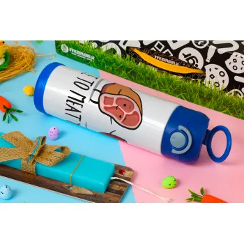 Nice to MEAT you, Easter candle, Childrens hot water bottle, stainless steel, with safety straw, BLUE (500ml)