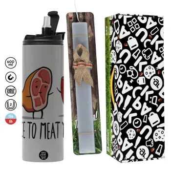 Nice to MEAT you, Πασχαλινή Λαμπάδα με Travel Tumbler θερμό (600ml, BPA free) & κερί αρωματικό πλακέ (30cm) (ΓΚΡΙ)