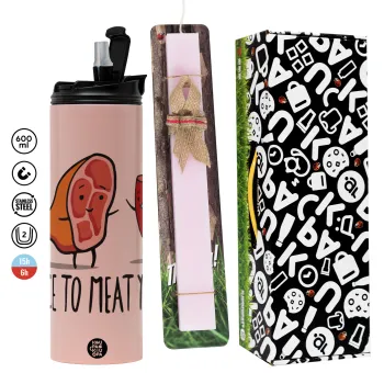 Nice to MEAT you, Πασχαλινή Λαμπάδα με  ΡΟΖ Travel Tumbler θερμό (600ml, BPA free) & κερί αρωματικό πλακέ (30cm) (ΡΟΖ)