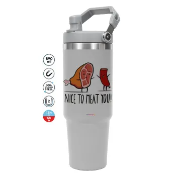 Nice to MEAT you, GREY color, 890ml (30oz) stainless Steel Tumbler with Handle