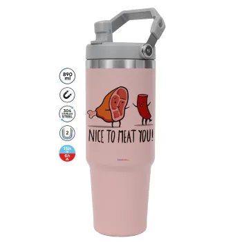 Nice to MEAT you, Pink color, 890ml (30oz) stainless Steel Tumbler with Handle