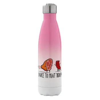 Nice to MEAT you, Μεταλλικό παγούρι θερμός Ροζ/Λευκό (Stainless steel), διπλού τοιχώματος, 500ml