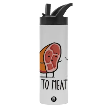 Nice to MEAT you, Μεταλλικό παγούρι θερμός με καλαμάκι & χειρολαβή, ανοξείδωτο ατσάλι (Stainless steel 304), διπλού τοιχώματος, 600ml