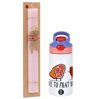 Nice to MEAT you, Πασχαλινή Λαμπάδα με Παιδικό παγούρι θερμό, ανοξείδωτο, με καλαμάκι ασφαλείας, ροζ/μωβ (350ml) & κερί αρωματικό πλακέ (30cm) (ΡΟΖ)