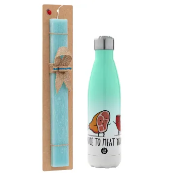 Nice to MEAT you, Easter Set, Metallic green/white thermos (Stainless steel), double-walled, 500ml & scented flat Easter candle (30cm) (TURQUOISE)