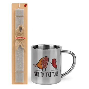 Nice to MEAT you, Easter Set, metallic thermal cup (300ml) & Easter aromatic flat candle (30cm) (GRAY)