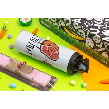 Nice to MEAT you, Easter candle,Travel Tumbler 2 Lids, with metal straw & cleaning brush & aromatic flat candle (30cm) (PINK)