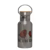 Stainless steel metallic thermos flask, silver with a bamboo lid, double-walled, 350ml.