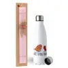 Easter Set, metallic stainless steel water bottle (750ml) & scented flat Easter candle (30cm) (PINK)