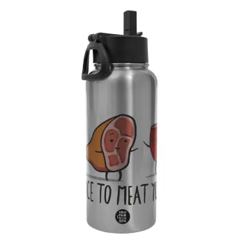 Nice to MEAT you, Metal mug thermo Silver with Straw and Spout Lid (Stainless steel), double wall, 950ml