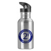 Water bottle Silver with straw, stainless steel 600ml
