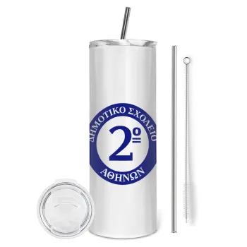 Έμβλημα Σχολικό μπλε, Tumbler ποτήρι θερμό από ανοξείδωτο ατσάλι 600ml, με μεταλλικό καλαμάκι & βούρτσα καθαρισμού