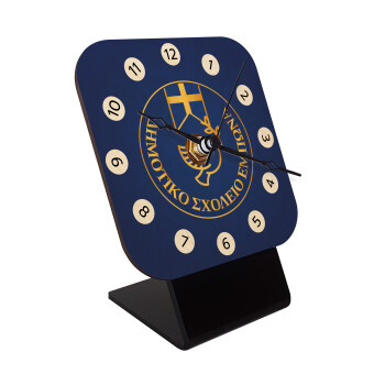 Έμβλημα Σχολικό μπλε με χρυσό, Επιτραπέζιο ρολόι σε φυσικό ξύλο (10cm)