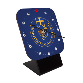 Έμβλημα Σχολικό μπλε με χρυσό, Επιτραπέζιο ρολόι ξύλινο με δείκτες (10cm)