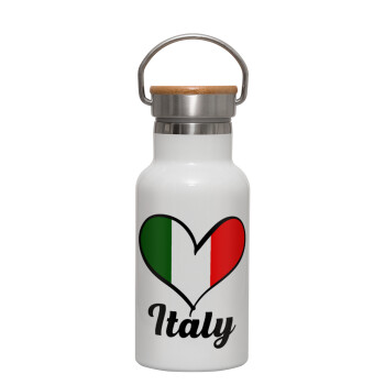 Italy flag, Metallic thermos (Stainless steel) White with wooden lid (bamboo), double-walled, 350ml