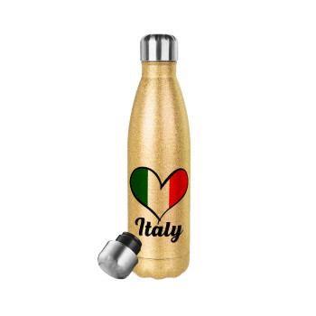 Italy flag, Μεταλλικό παγούρι θερμός Glitter χρυσό (Stainless steel), διπλού τοιχώματος, 500ml
