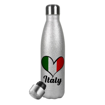Italy flag, Μεταλλικό παγούρι θερμός Glitter Aσημένιο (Stainless steel), διπλού τοιχώματος, 500ml