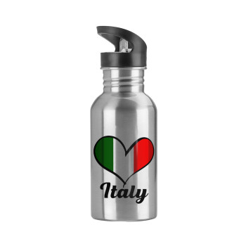 Italy flag, Water bottle Silver with straw, stainless steel 600ml