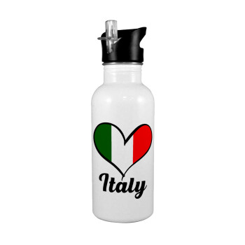 Italy flag, Παγούρι νερού Λευκό με καλαμάκι, ανοξείδωτο ατσάλι 600ml