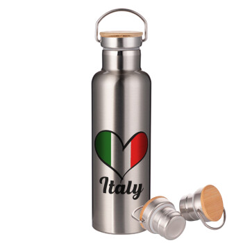 Italy flag, Stainless steel Silver with wooden lid (bamboo), double wall, 750ml