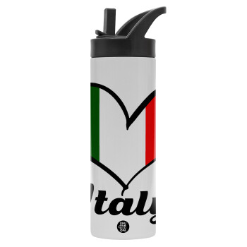 Italy flag, Metallic thermos bottle with straw & handle, stainless steel (Stainless steel 304), double-walled, 600ml.