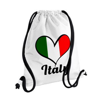 Italy flag, Τσάντα πλάτης πουγκί GYMBAG λευκή, με τσέπη (40x48cm) & χονδρά κορδόνια