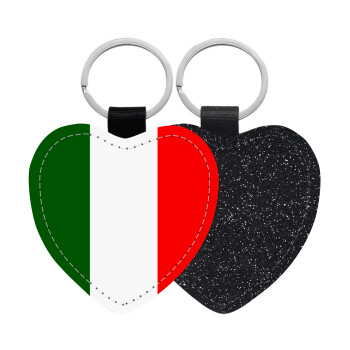 Italy flag, Μπρελόκ PU δερμάτινο glitter καρδιά ΜΑΥΡΟ