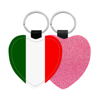 Italy flag, Μπρελόκ PU δερμάτινο glitter καρδιά ΡΟΖ