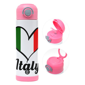 Italy flag, Children's hot water bottle, stainless steel, with safety straw, PINK (500ml)