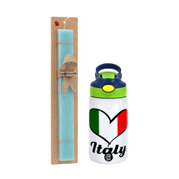 Italy flag, Πασχαλινό Σετ, Παιδικό παγούρι θερμό, ανοξείδωτο, με καλαμάκι ασφαλείας, πράσινο/μπλε (350ml) & πασχαλινή λαμπάδα αρωματική πλακέ (30cm) (ΤΙΡΚΟΥΑΖ)