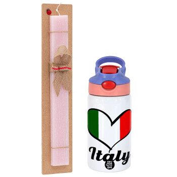 Italy flag, Πασχαλινό Σετ, Παιδικό παγούρι θερμό, ανοξείδωτο, με καλαμάκι ασφαλείας, ροζ/μωβ (350ml) & πασχαλινή λαμπάδα αρωματική πλακέ (30cm) (ΡΟΖ)