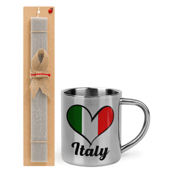 Italy flag, Easter Set, metallic thermal cup (300ml) & Easter aromatic flat candle (30cm) (GRAY)