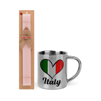 Italy flag, Πασχαλινό Σετ, μεταλλική κούπα θερμό (300ml) & πασχαλινή λαμπάδα αρωματική πλακέ (30cm) (ΡΟΖ)