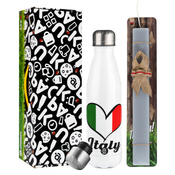 Italy flag, Easter candle, metallic white thermos bottle (500ml) & aromatic flat candle (30cm) (GRAY)