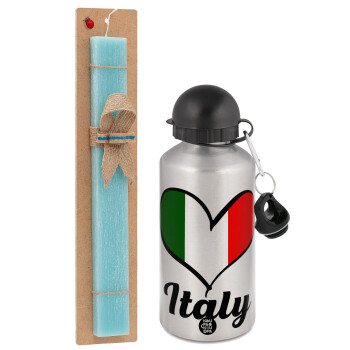 Italy flag, Easter Set, metallic silver aluminum water bottle (500ml) & scented flat Easter candle (30cm) (TURQUOISE)
