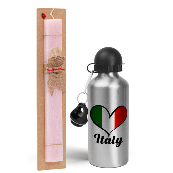 Italy flag, Easter Set, metallic Silver aluminum water bottle (500ml) & scented flat Easter candle (30cm) (PINK)
