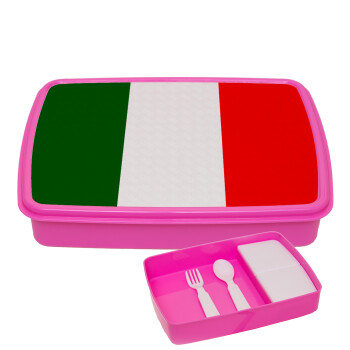 Italy flag, ΡΟΖ παιδικό δοχείο φαγητού (lunchbox) πλαστικό με παιδικά μαχαιροπίρουρα & 2 εσωτερικά δοχεία (BPA-FREE) Lunch Βox M23 x Π18 x Υ4cm