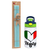 Easter Set, Children's thermal stainless steel bottle with safety straw, green/blue (350ml) & aromatic flat Easter candle (30cm) (TURQUOISE)