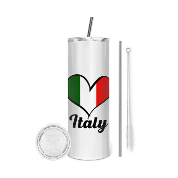 Italy flag, Eco friendly ποτήρι θερμό (tumbler) από ανοξείδωτο ατσάλι 600ml, με μεταλλικό καλαμάκι & βούρτσα καθαρισμού