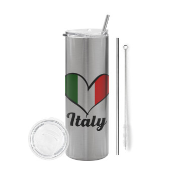 Italy flag, Eco friendly ποτήρι θερμό Ασημένιο (tumbler) από ανοξείδωτο ατσάλι 600ml, με μεταλλικό καλαμάκι & βούρτσα καθαρισμού