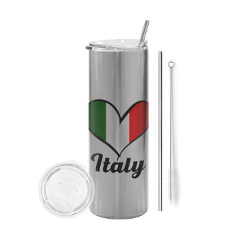 Italy flag, Tumbler stainless steel Silver 600ml, with metal straw & cleaning brush