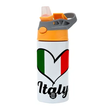 Italy flag, Children's hot water bottle, stainless steel, with safety straw, Orange/Grey (360ml) BPA-FREE