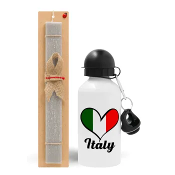 Italy flag, Easter Set, metallic aluminum water bottle (500ml) & aromatic flat Easter candle (30cm) (GRAY)