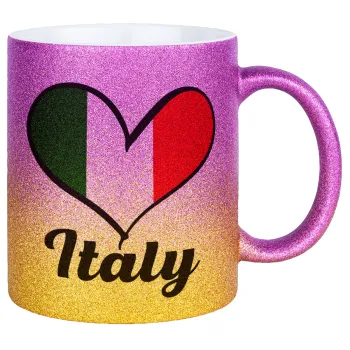 Italy flag, Κούπα Χρυσή/Ροζ Glitter, κεραμική, 330ml